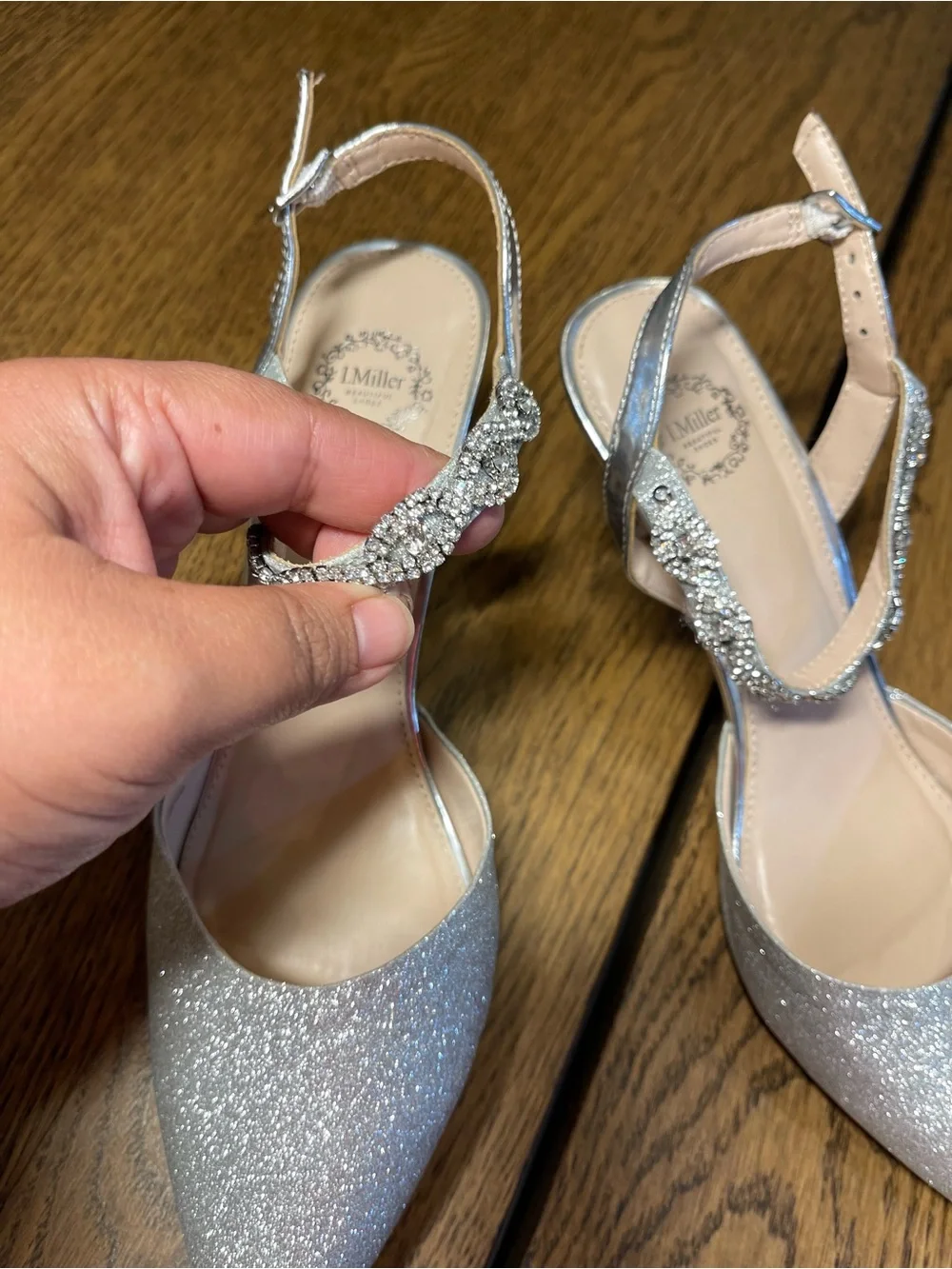Sparkling Silver Pointed-Toe Ankle Strap Heels